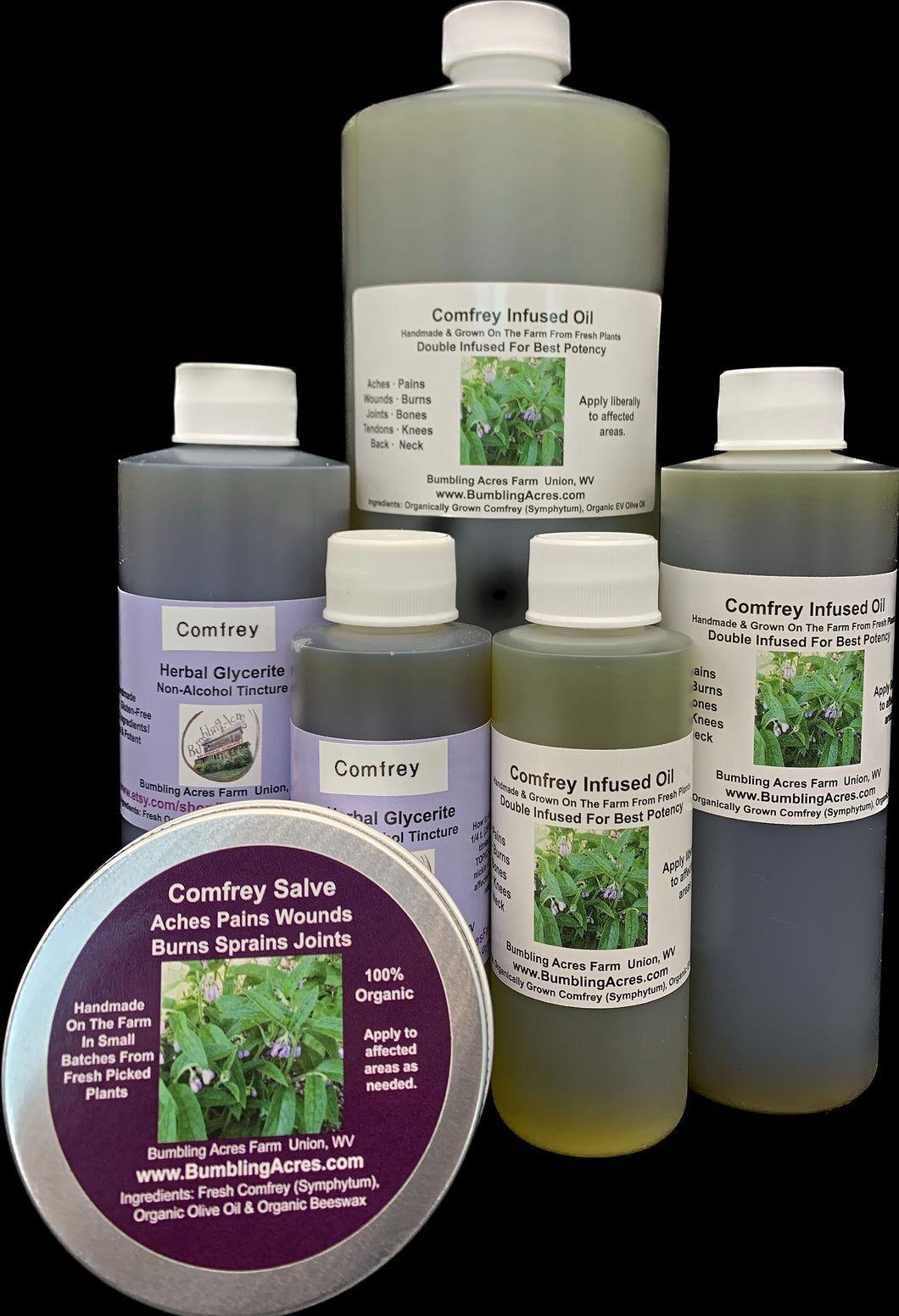 Comfrey Herbal Organic Oil, Concentrated, Fresh Plants, Small Batches